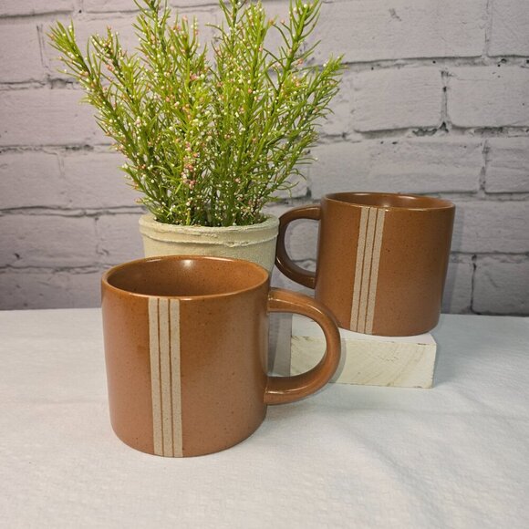 HEARTH AND HAND BY MAGNOLIA TRIPLE STRIPE STONEWARE MUG SET BROWN AND CREAM Euc - Picture 2 of 8